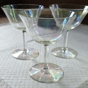 1930s Fostoria Mother Of Pearl Irridescent Champagne Glasses (3) Perfect!